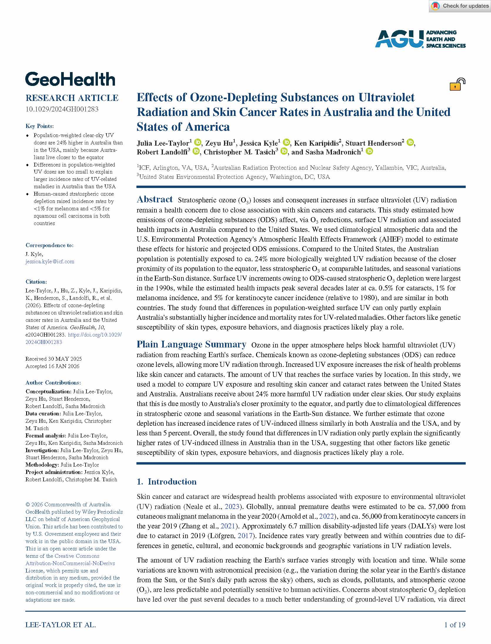 Effects of Ozone‐Depleting Substances on Ultraviolet Radiation and Skin Cancer Rates in Australia and the United States of America paper